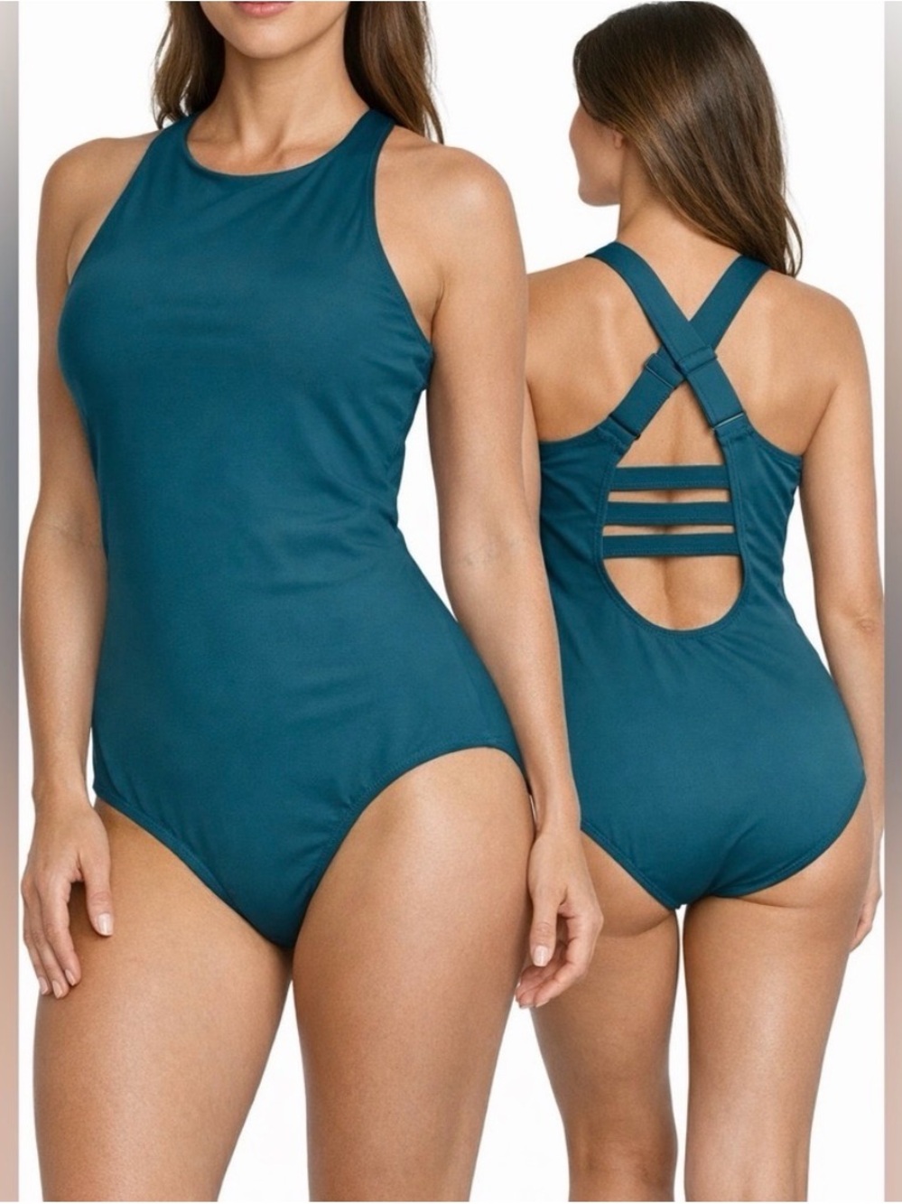 Eddie Bauer Teal High-Neck One-Piece Swimsuit with Strappy Ladder Back